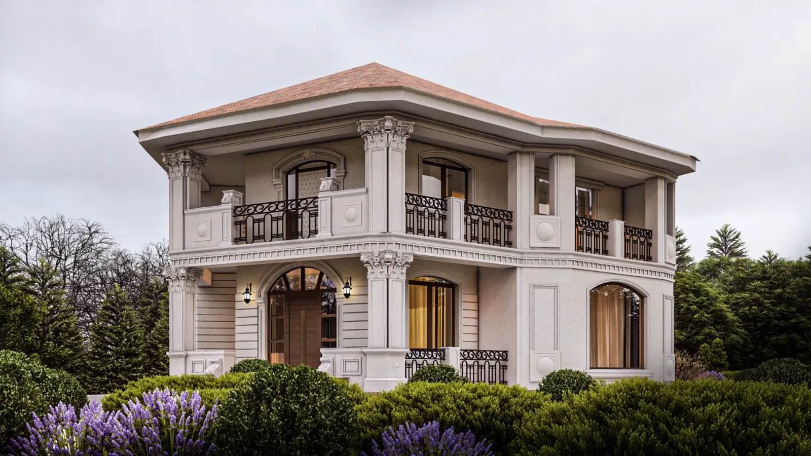 Vilă cu colțuri, coloane și cornișe decorative