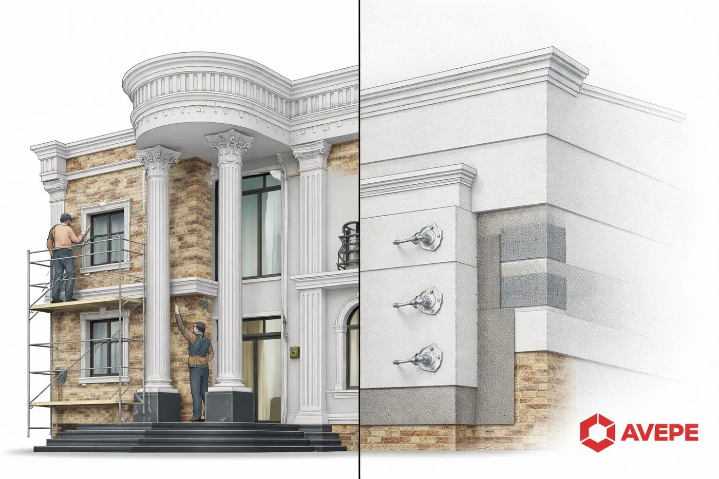 Ilustrație: de la zidul brut la fațada finită cu elemente decorative